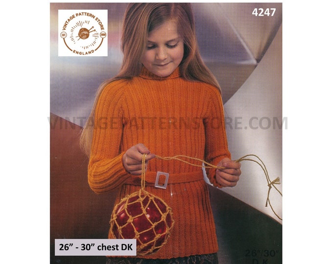 Girls 70s vintage DK polo neck turtleneck skinny rib belted raglan sweater jumper pullover pdf knitting pattern 26" to 30" Download 4247