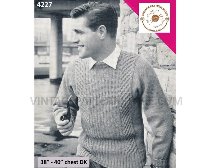 Mens 50s vintage DK round neck Celtic cabled cable & rib panel ribbed raglan sweater jumper pdf knitting pattern 38" to 40" Download 4227