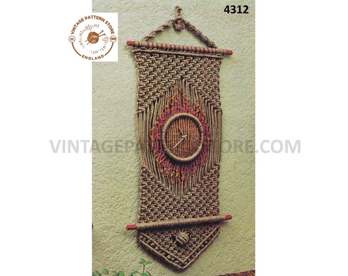 70s vintage rectangular macrame clock wall hanging pdf macrame pattern 18" wide Instant PDF Download 4312