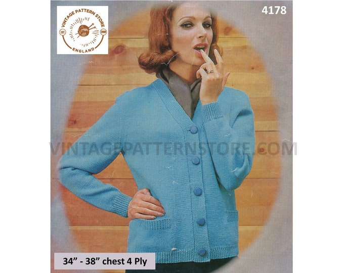 Ladies Womens 60s vintage 4 ply V neck simple and easy to knit raglan cardigan with pockets pdf knitting pattern 34" to 38" Download 4178