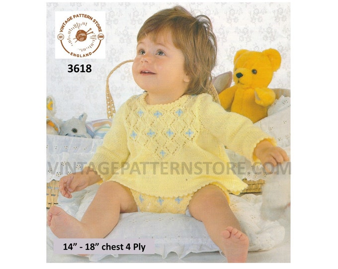 Premature Preemie Baby Babies 4 ply picot & diamond eyelet lace lacy angel top dress and pilch pdf knitting pattern 14" to 18" Download 3618