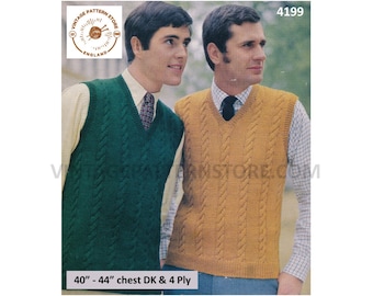 Mens Mans 60s vintage 4 ply or DK V neck twist cable cabled sleeveless sweater vest tank top pdf knitting pattern 40" to 44" Download 4199