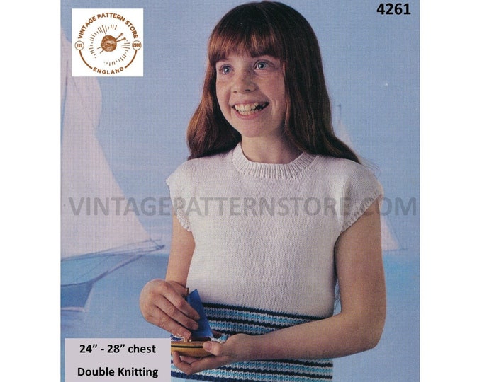 Girls 70s vintage DK round neck cap sleeve striped hem slipover sweater vest tank top pdf knitting pattern 24" to 28" Instant Download 4261