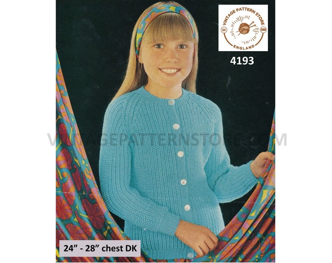 Girls 60s vintage plain and simple easy to knit round neck rib ribbed DK raglan cardigan pdf knitting pattern 24" to 28" Download 4193