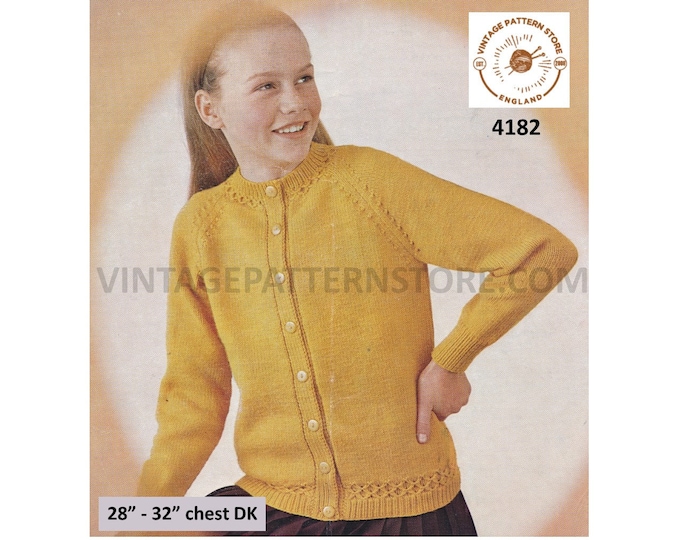 Girls 60s vintage DK round neck cable hem cabled edge raglan cardigan pdf knitting pattern 28" to 32" chest Instant Download 4182