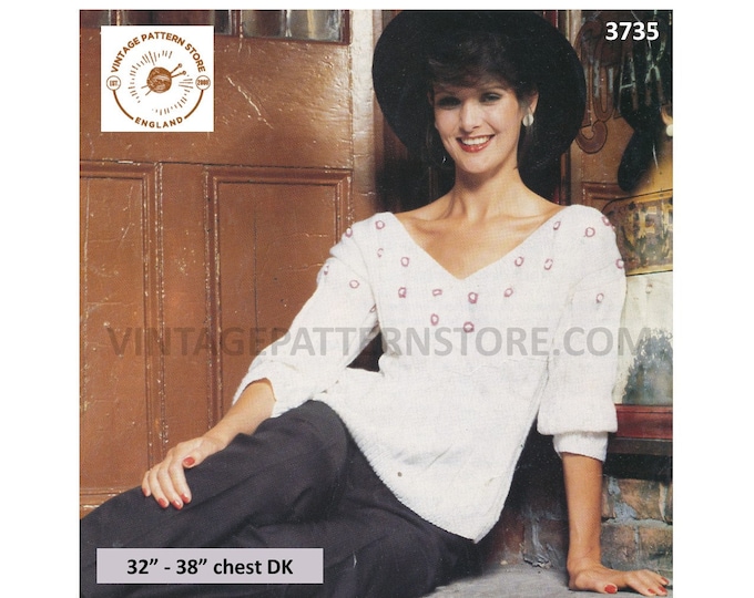 Ladies Womens 80s vintage wide V neck drop shoulder optional floral embroidered Summer sweater pdf knitting pattern 32" to 38" Download 3735