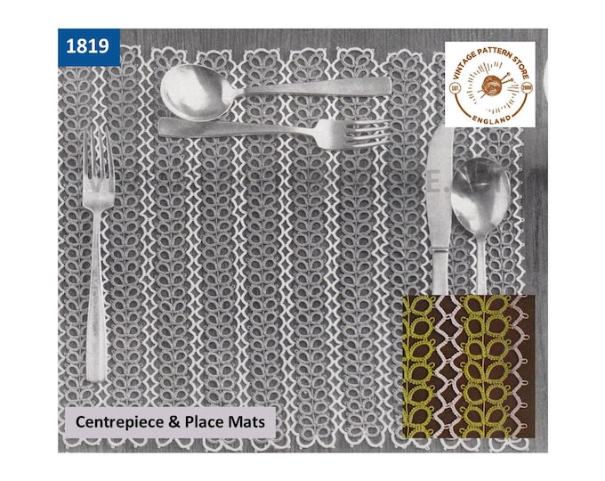 60s vintage tatted lace rectangular place mats dining luncheon set pdf tatting pattern Instant PDF download 1819