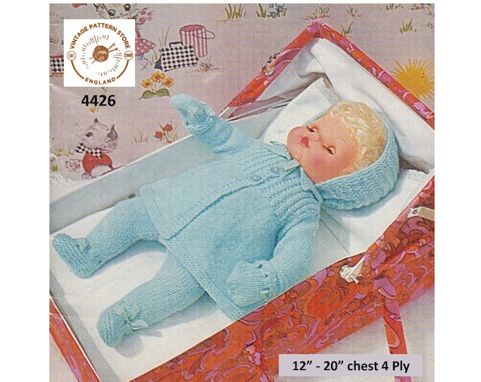 80s vintage 12" 14" 16" 18" 20" 4 ply baby doll clothes matinee coat bonnet mittens and leggings pram set pdf knitting pattern Download 4426