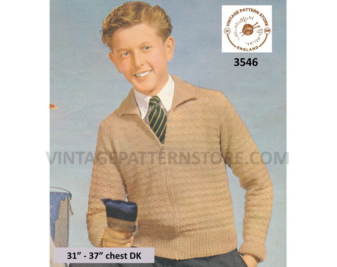 Boys 50s vintage DK round neck collared textured zipped zip up raglan lumber jacket pdf knitting pattern 31" to 37" chest PDF download 3546