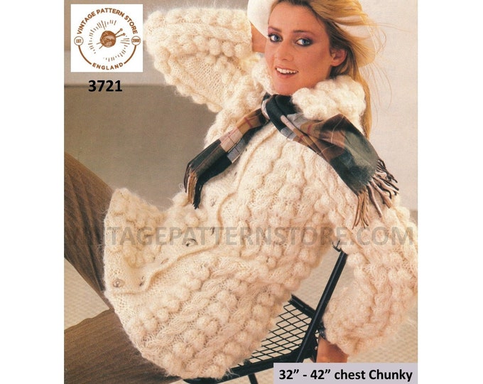 Ladies Womens 80s vintage collared round neck bobble cable cabled chunky knit raglan jacket pdf knitting pattern 32" to 42" Download 3721