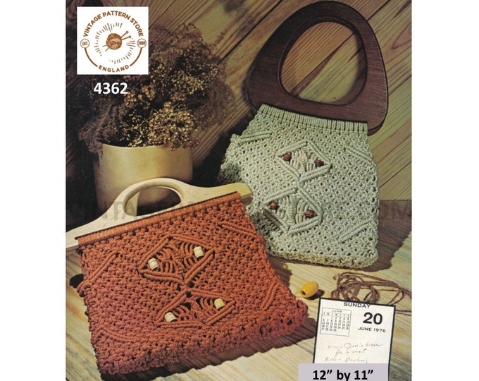 70s vintage beaded macrame hand bag purse with easy fit to multiple handles pdf macrame pattern 12" by 11" Instant PDF Download 4363