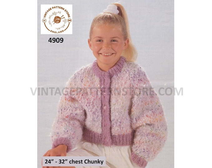 Girls 90s fun quick and easy to knit chunky crew neck drop shoulder dolman cardigan pdf knitting pattern 24" to 32" Download 4909