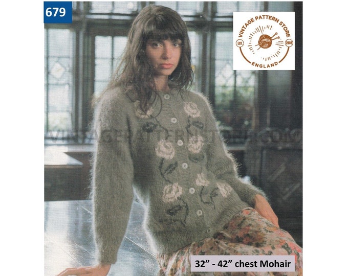 Ladies Womens 90s round neck rose floral intarsia drop shoulder mohair raglan cardigan pdf knitting pattern 32" to 42" chest Download 679