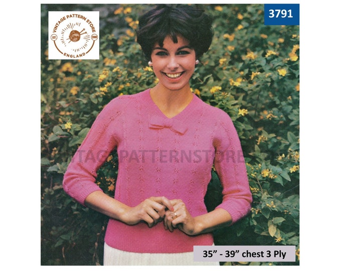 Ladies Womens 70s vintage V neck 3 ply lacy bow front raglan sweater jumper pullover pdf knitting pattern 35" to 39" Instant download 3791