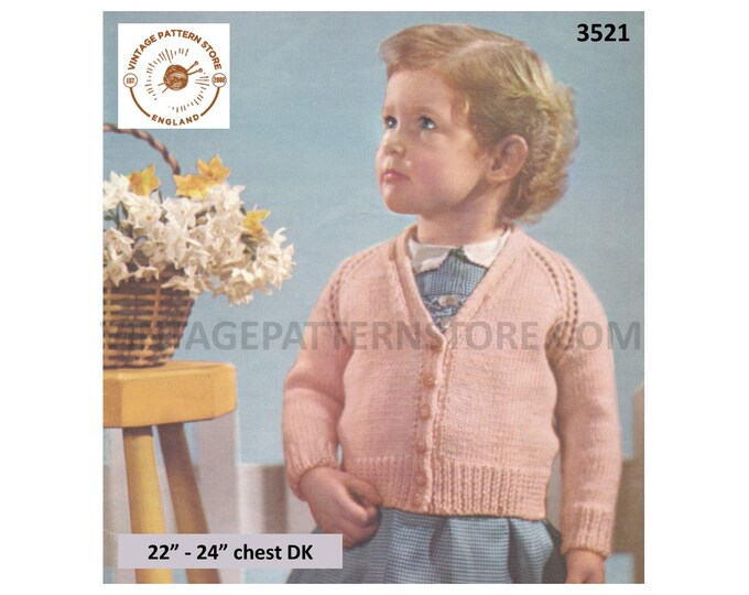 Baby Babies Toddlers Girls 50s vintage V neck lacy seam DK raglan cardigan pdf knitting pattern 22" to 24" Instant PDF download 3521