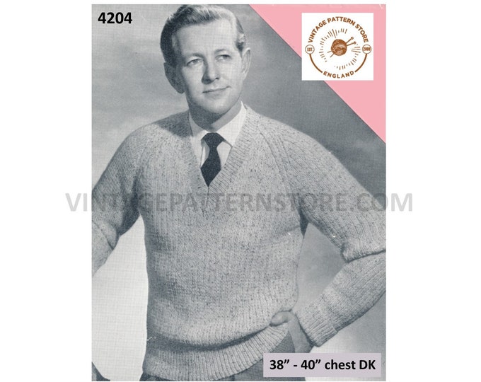 Mens Mans 60s vintage DK plain and simple easy to knit V neck raglan sweater jumper pdf knitting pattern 38" to 40" chest Download 4204