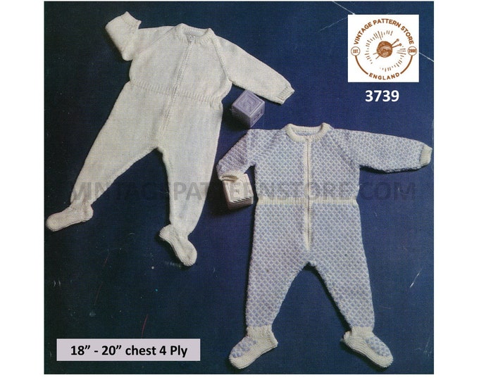 Baby Babies 80s plain or check easy to knit round neck 4 ply all in one romper play suit pdf knitting pattern 18" to 20" PDF download 3739