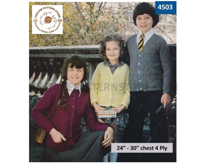 Girls Boys 70s vintage plain simple quick and easy to knit V neck 4 ply raglan cardigan pdf crochet pattern 24" to 30" Download 4503