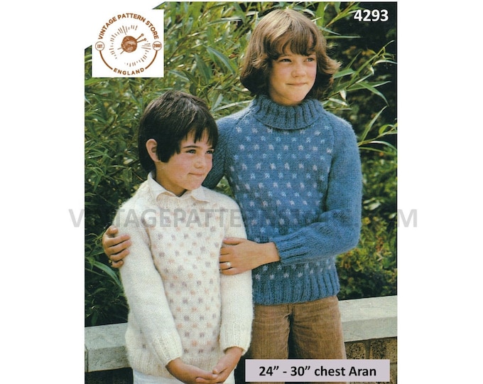 Boys Girls 80s vintage polo or crew neck spotted raglan aran sweater jumper pullover pdf knitting pattern 24" to 30" Instant Download 4293