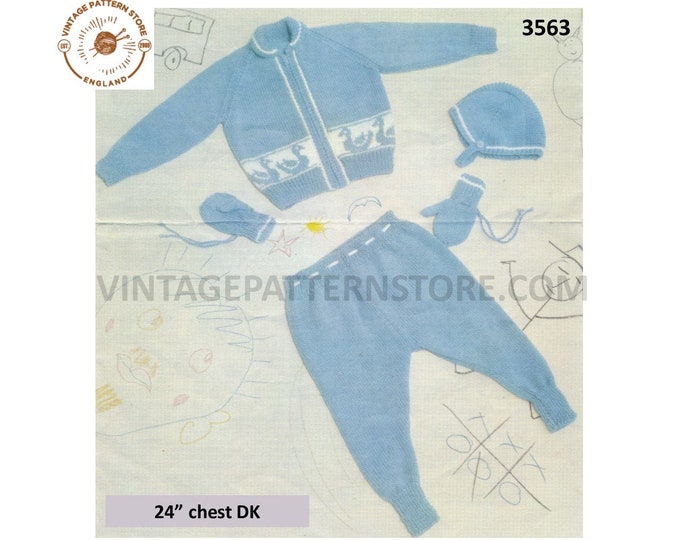 Baby Babies 50s vintage DK layette pram set duck intarsia jacket leggings bonnet & mittens pdf knitting pattern 24" chest Download 3563