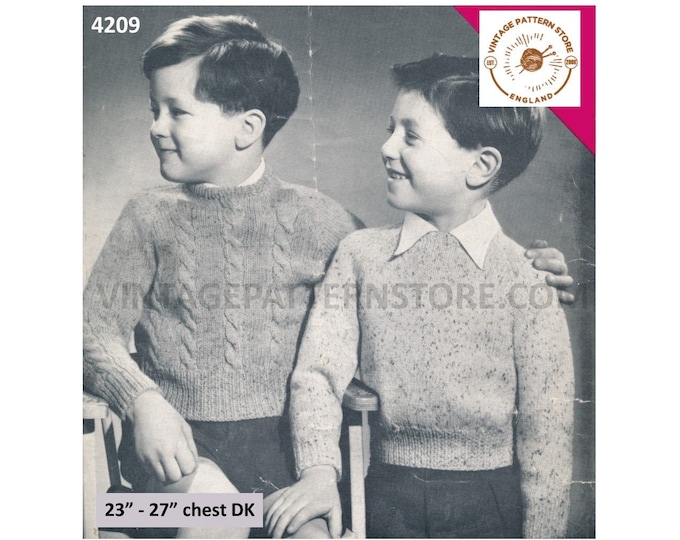 Boys 60s vintage DK crew neck easy to knit & twist cable cabled raglan sweater jumper pdf knitting pattern 23" to 27" Instant Download 4209