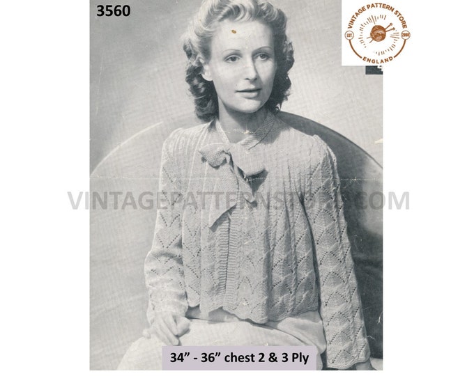 Ladies Womens 40s lacy patterned contrast yoke 2 ply or 3 ply round neck raglan bed jacket pdf knitting pattern 34" to 36" PDF download 3560