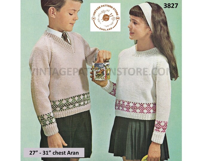 Girls Boys 70s vintage easy to knit V or round neck fair isle raglan aran sweater jumper pdf knitting pattern 27" to 31" PDF download 3827