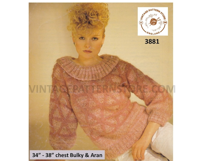 Womens Ladies 90s round neck collared drop shoulder puff sleeve raglan sweater jumper pdf knitting pattern 34" to 38" chest Download 3881
