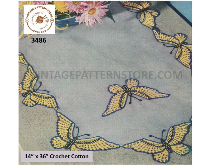 50s vintage butterfly butterflies motif table runner pdf crochet pattern crochet cotton No 70 Instant PDF Download 3486