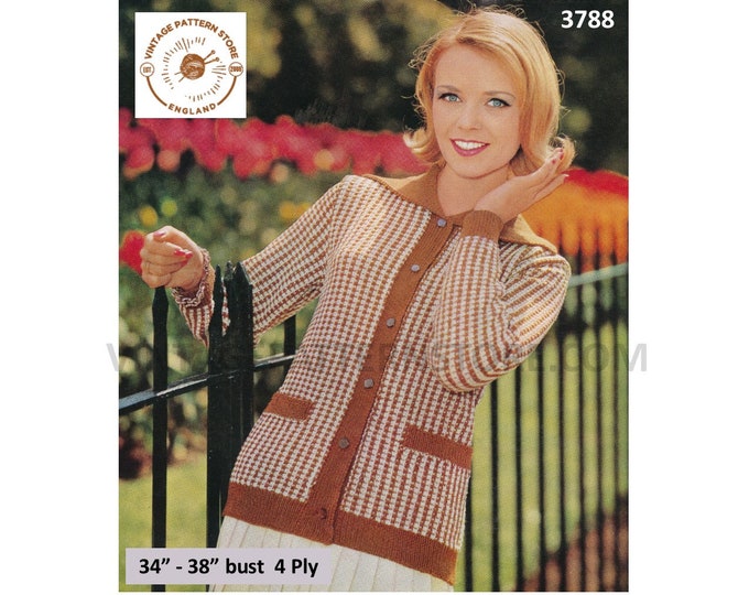 Ladies Womens 50s vintage 4 ply round neck collared 2 colour raglan jacket cardigan pdf knitting pattern 34" to 38" Instant download 3788