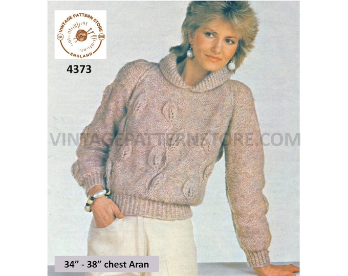 Ladies Womens 80s vintage shawl collar leaf cable cabled raglan aran sweater jumper pdf knitting pattern 34" to 38" chest PDF Download 4373