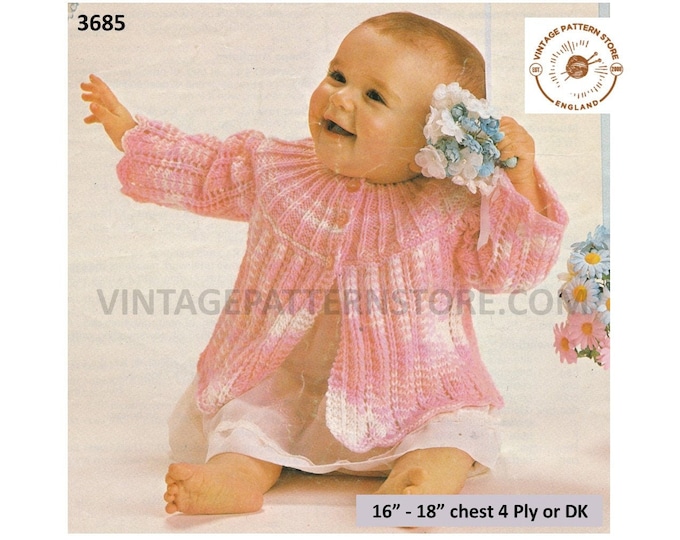 Baby Babies 80s vintage 4 ply or DK round neck contrast yoke lacy matinee jacket coat pdf knitting pattern 16" to 18" chest download 3685