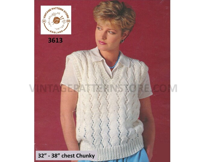 Ladies Womens 90s V neck eyelet lace lacy striped V neck chunky knit sweater vest Summer top pdf knitting pattern 32" to 38" Download 3613