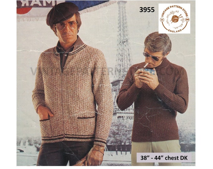 Mens Mans 70s vintage textured polo neck raglan DK sweater jumper & round neck jacket pdf knitting pattern 38" to 44" PDF download 3955