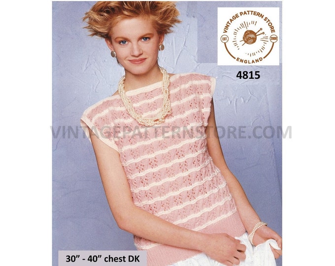 Womens 90s DK slash neck cable and lace lacy cap sleeve slipover Summer top sweater vest pdf knitting pattern 30" to 40" PDF Download 4815