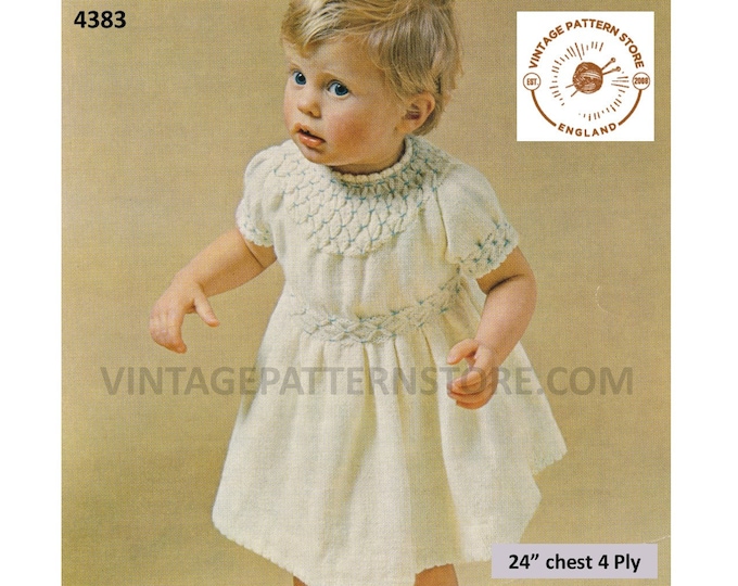 Baby Babies Toddlers Girls 60s vintage DK smocked yoke round neck short sleeve raglan dress PDF knitting pattern 24" chest PDF Download 4383