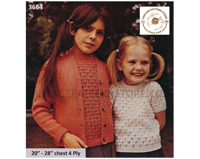 Girls 70s vintage 4 ply lacy round neck short sleeve raglan Summer sweater and V neck cardigan pdf knitting pattern 20" to 28" Download 3664