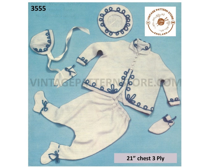 Baby Babies 50s vintage 3 ply pram set layette matinee coat bonnet beret leggings & mittens pdf knitting pattern 21" chest Download 3555