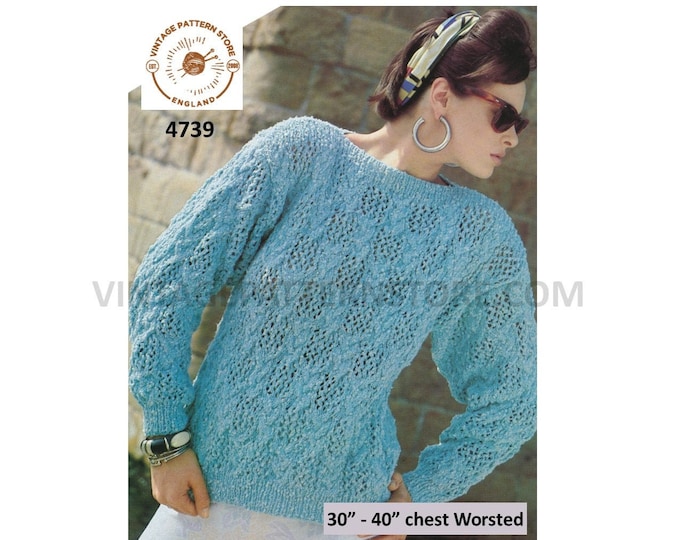 Ladies Womens 90s slash neck lacy lace check drop shoulder dolman sweater jumper pdf knitting pattern 30" to 40" Instant PDF Download 4739