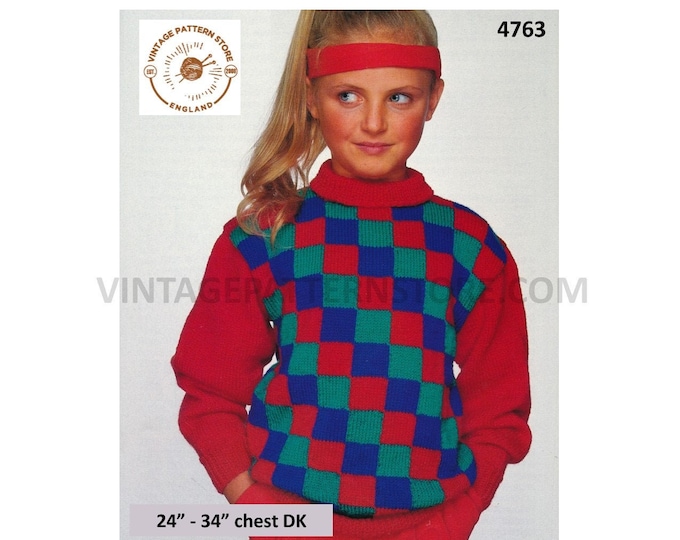 Girls 90s DK turtleneck drop shoulder multi coloured check dolman sweater jumper pdf knitting pattern 24" to 34" PDF Download 4763