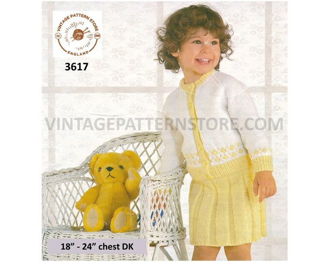 Girls Toddlers Babies 80s DK round neck diamond hem raglan cardigan and wide ribbed skirt pdf knitting pattern 18" to 24" PDF download 3617