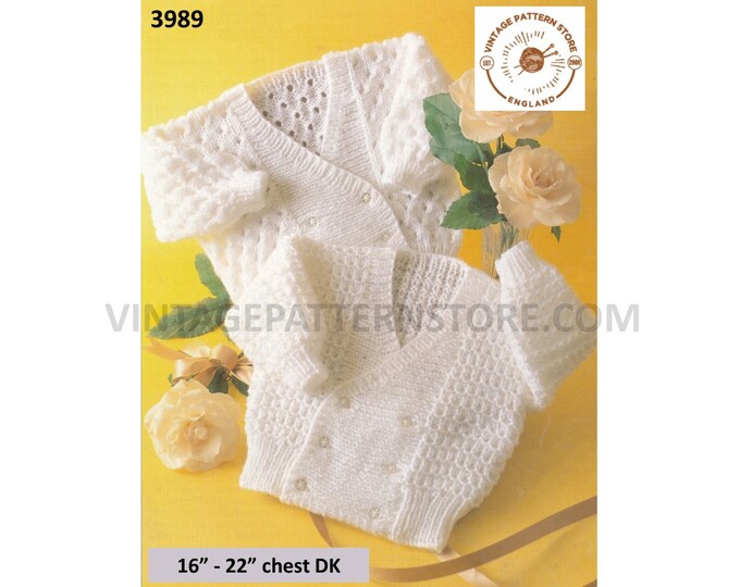 Baby Babies Toddlers 90s DK V neck crossover double breasted lacy textured raglan cardigan pdf knitting pattern 16" to 22" PDF download 3989