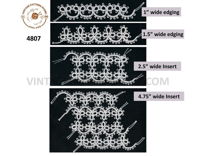 Vintage tatted lace lacy edging and inserts insertions pdf tatting pattern various widths makes to desired length Instant PDF Download 4807
