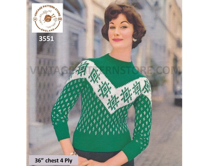 Ladies Womens 50s vintage 4 ply round neck fair isle raglan sweater jumper pullover pdf knitting pattern 36" chest Instant PDF download 3551
