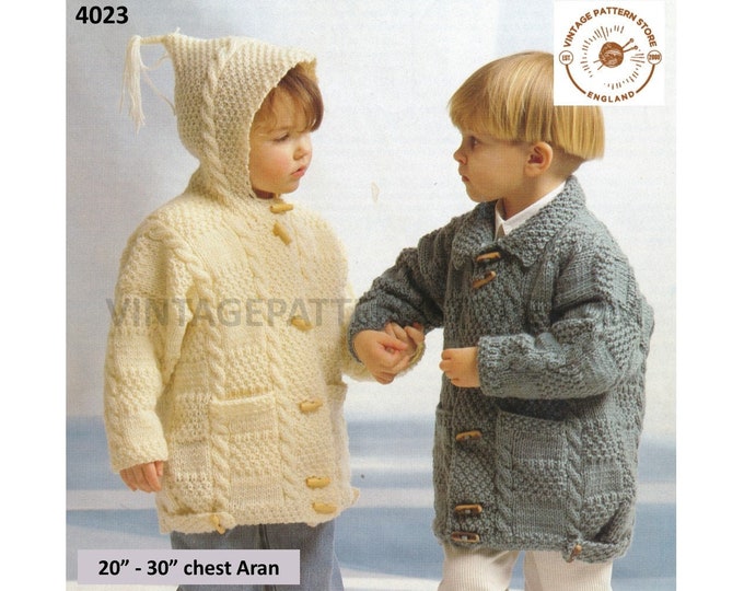 Boys Girls 90s cable cabled collared drop shoulder aran hoodie duffle coat jacket pdf knitting pattern 20" to 30" PDF download 4023