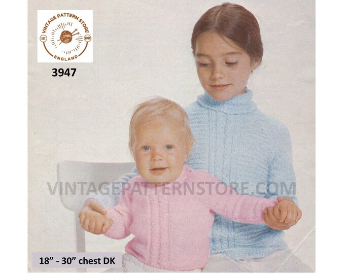 Girls Baby Babies 70s vintage crew and polo neck cabled cable panel raglan sweater jumper pdf knitting pattern 18" to 30" PDF download 3947