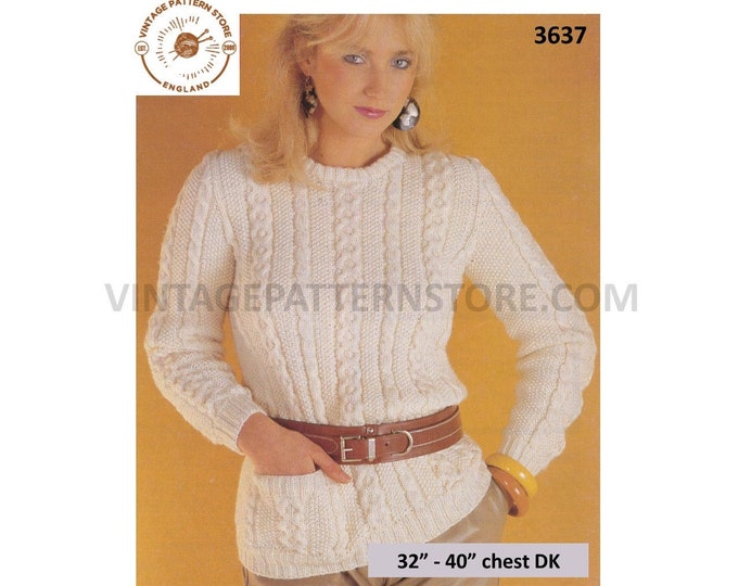 Ladies Womens 80s vintage DK round neck cable cabled raglan sweater jumper pullover pdf knitting pattern 32" to 40" Instant Download 3637