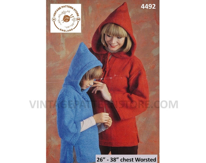 Ladies Womens Girls 70s vintage worsted pixie hood drop shoulder hoodie hooded sweater jumper pdf knitting pattern 26" to 38" Download 4492