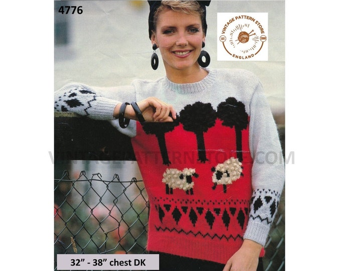 Ladies Womens 90s round neck sheep intarsia raglan sweater jumper pullover pdf knitting pattern 32" to 38" Instant PDF Download 4776