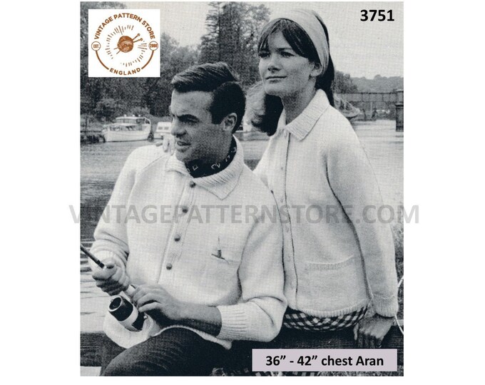 Ladies Womens Mens 50s vintage round neck collared easy to knit raglan aran jacket pdf knitting pattern 36" to 42" chest PDF download 3751